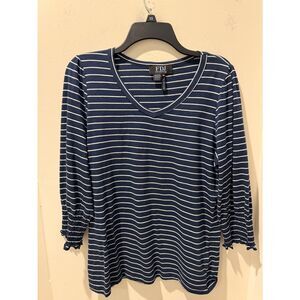 FDJ Paris Navy & White Striped V-Neck Long Sleeve Top smocked cuffs size medium